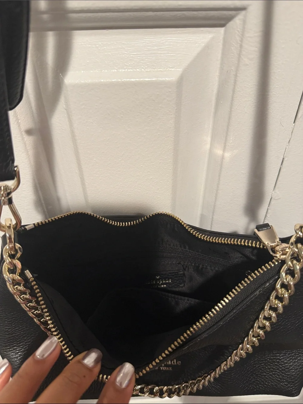 kate spade Black Pebbled Leather Shoulder Bag with Chain Accent